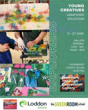Poster for the Young Creatives Explorers exhibition at the Freedom Through Expression Gallery, Alton, 5 to 27 June