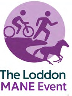 The Loddon MANE Event logo, showing a cyclist, a runner, a dog and a horse